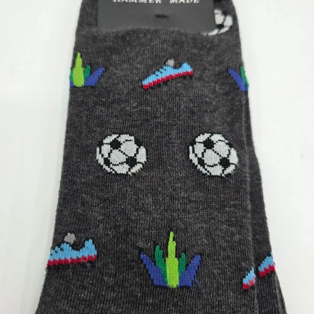 HAMMER MADE Novelty Crew Socks Soccer Ball Shoe Print‎ Charcoal Grey New Sports